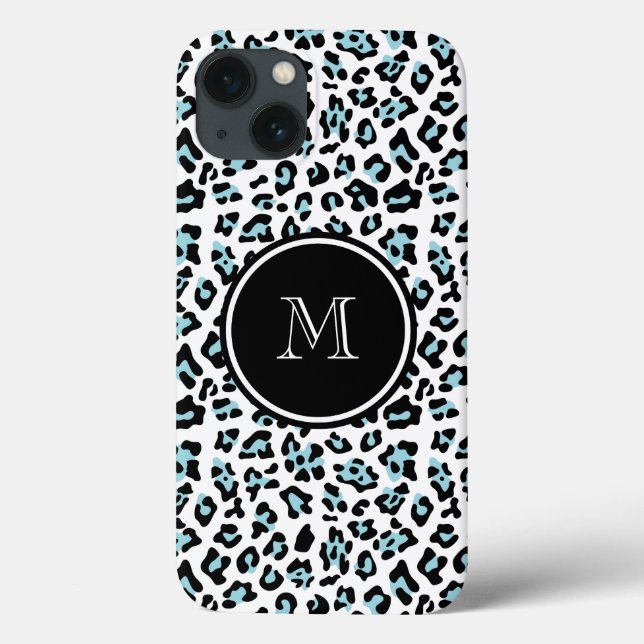 Aqua Black Leopard Animal Print mit Monogram Case-Mate iPhone Hülle (Rückseite)