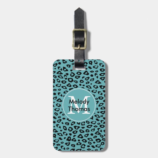 Aqua Black Leopard Print Monogram Gepäckanhänger (Vorderseite vertikal)
