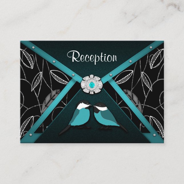 Aqua & Black Love Birds Hochzeitskarten Begleitkarte (Vorderseite)