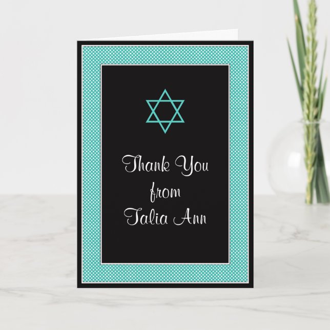 Aqua Black Mini Polka Dot Bat Mitzvah Vielen Dank Dankeskarte (Vorderseite)