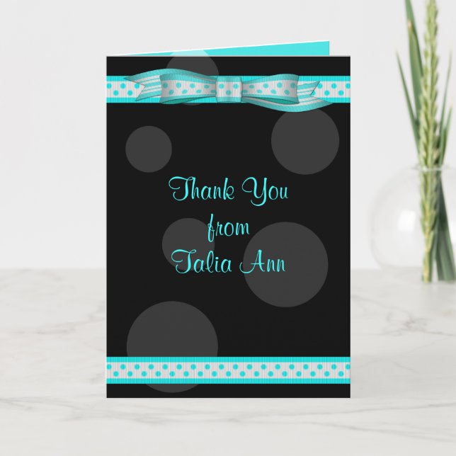 Aqua Black Polka Dot Ribbon Bat Mitzvah Vielen Dan Dankeskarte (Vorderseite)