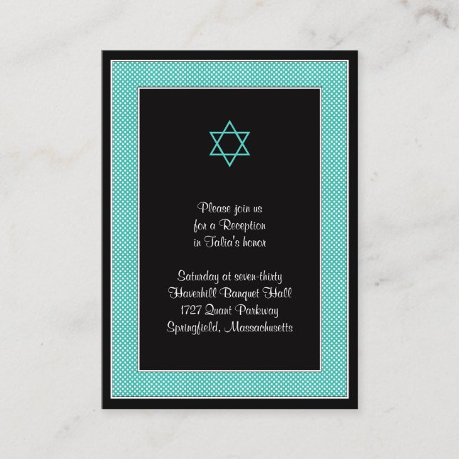 Aqua Black Polka Dots Bat Mitzvah Empfang Card Begleitkarte (Vorderseite)