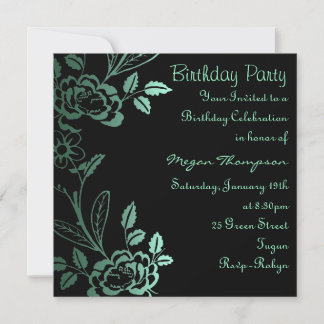 Aqua & Black Rose Leaf Einladung zum Geburtstag