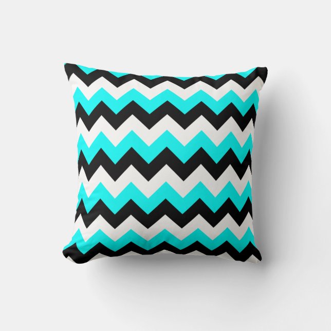 Aqua Black und White Zigzag Kissen (Vorderseite)