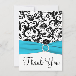 Aqua, Black, White Damask Danke Karte