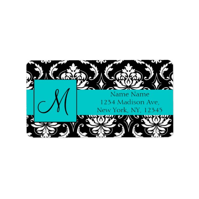 Aqua Black White Damask Retourner les étiquettes d (Devant)