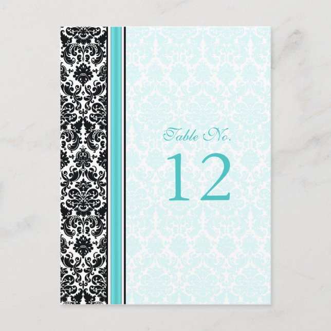 Aqua, Black, White Damask Tischnummer (Vorderseite)