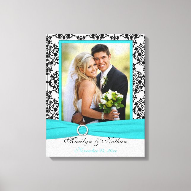 Aqua, Black, White Damask Wedding Leinwand (Vorderseite)