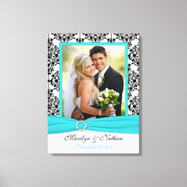 Aqua, Black, White Damask Wedding Leinwand (Vorderseite)