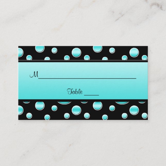 Aqua, Black, White Polka Dots Placecards Platzkarte (Vorderseite)