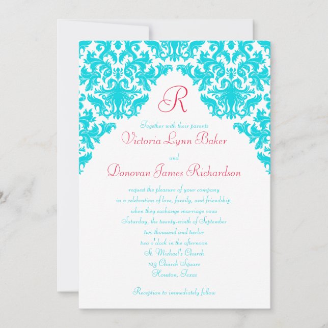 Aqua, blanc, rouge Damas Invitation monogramme (Devant)