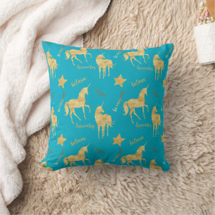 Aqua Blau Gold Magisches Einhorn Kissen