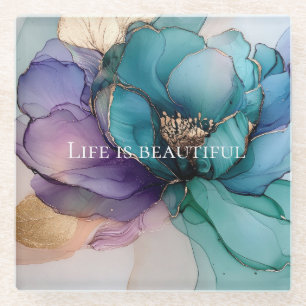 Aqua Blau Lila Gold floral  Glasuntersetzer