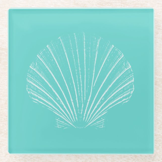 Aqua-Blau mit weißes SeeMuschel Glasuntersetzer (Vorderseite)