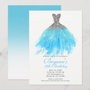 Aqua Blau Silber Glitter Glam Kleid Sweet 16 Party Einladung