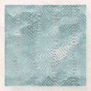 Aqua Blau Silber Schlangenprint Glasuntersetzer