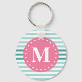 Aqua Blau Streifen Muster rosa Monogramm Schlüsselanhänger