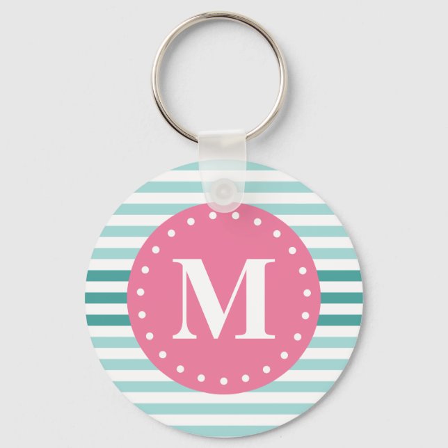 Aqua Blau Streifen Muster rosa Monogramm Schlüsselanhänger (Vorderseite)
