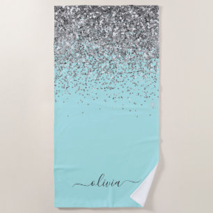 Aqua Blau Teal Silber Glitter Monogramm Strandtuch