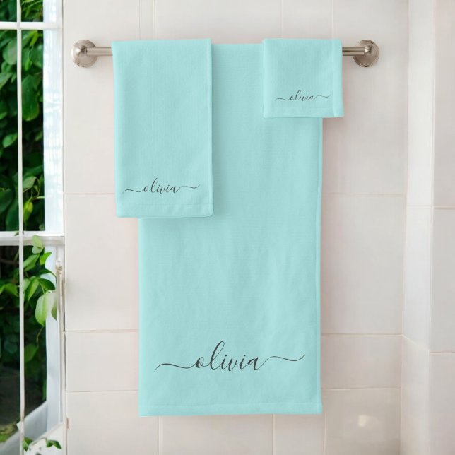 Aqua Blau Türkis Moderne Schrift Weibliches Monogr Badhandtuch Set (Von Creator hochgeladen)