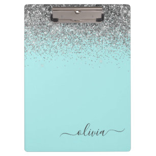 Aqua Blau Türkis Silber Glitter Monogramm Klemmbrett