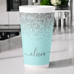 Aqua Blau Türkis Silber Glitter Monogramm Milchtasse