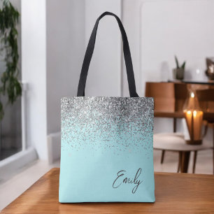Aqua Blau Türkis Silber Glitter Monogramm Tasche