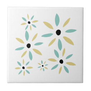 Aqua Blau Und Gelbe Mid Mod Retro Blumen Fliese