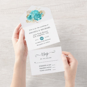 Aqua Blau und Gold Blumenhochzeit All In One Einladung
