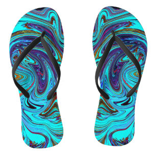 Aqua Blau und schwarze groovige abstrakte Retro-Ku Flip Flops