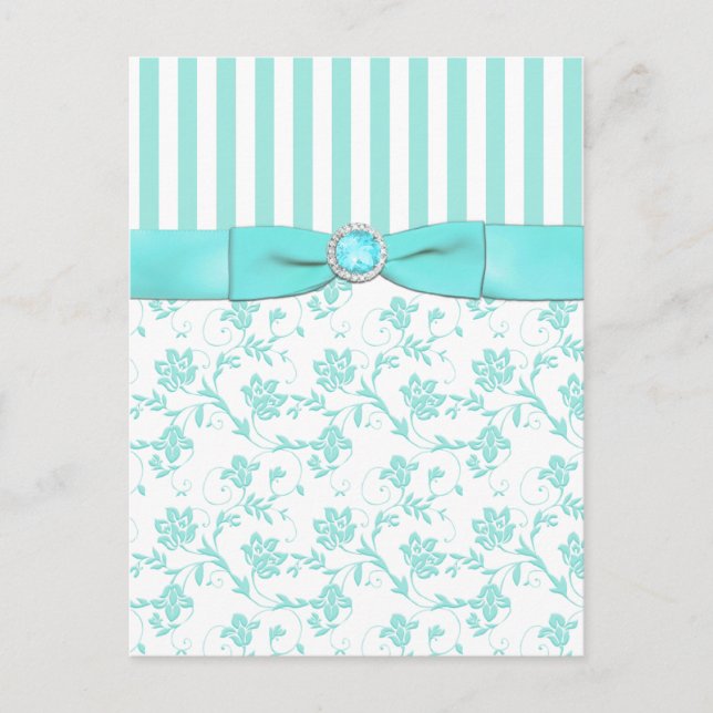 Aqua Blau und Weiß Streifen Floral Save the Date Ankündigungspostkarte (Vorderseite)