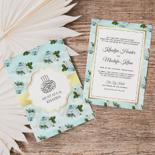 Aqua Blau und Weiße Rosen Florale Muslimische Hoch Einladung