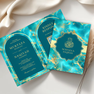 Aqua Blau Wasser Gold QR Code Muslimische Hochzeit Einladung