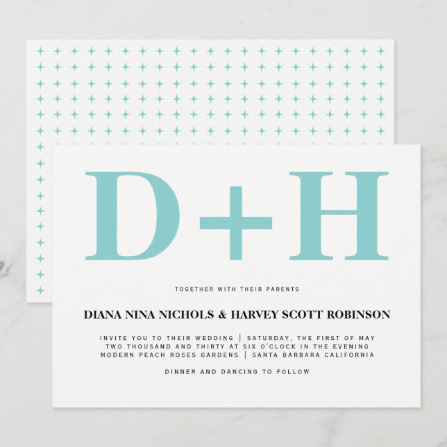 Aqua Blau, weiße Initialen fett Typografie Hochzei Einladung (Vorne/Hinten)