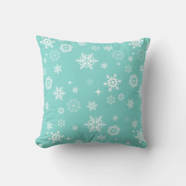 Aqua Blau-Weiße Winterschneeflocken Kissen (Vorderseite)