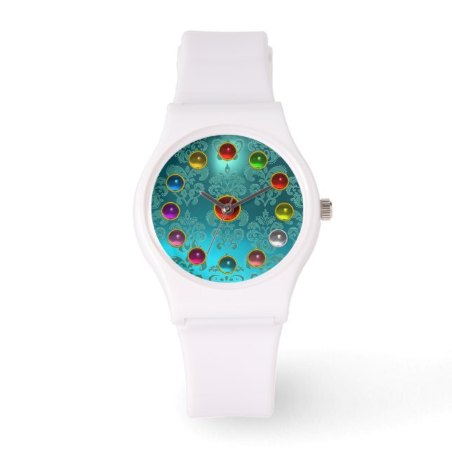 AQUA BLAUE AQUAMARIN DAMASK UND 3D FARBEN GEMSTONS ARMBANDUHR (Vorderseite)