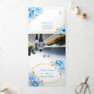 Aqua blaue Aquarellblumen mit RSVP Hochzeit Dreifach Gefaltete Einladung