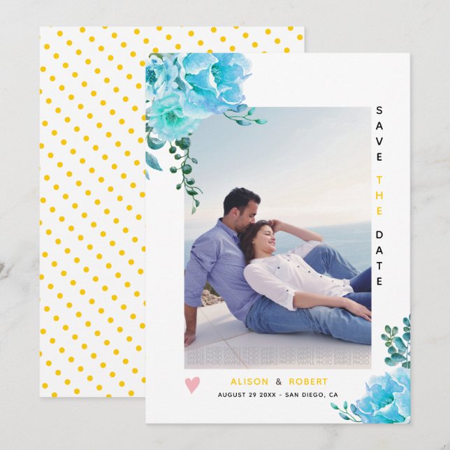 Aqua-blaue Aquarellfarben-Blume, Blätter, gelbes F Save The Date (Vorne/Hinten)