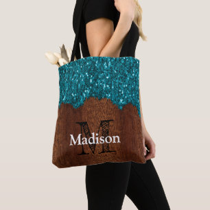 Aqua blaue Funken rustikaler brauner Holz Monogram Tasche