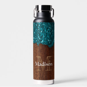 Aqua blaue Funken rustikaler brauner Holz Monogram Trinkflasche