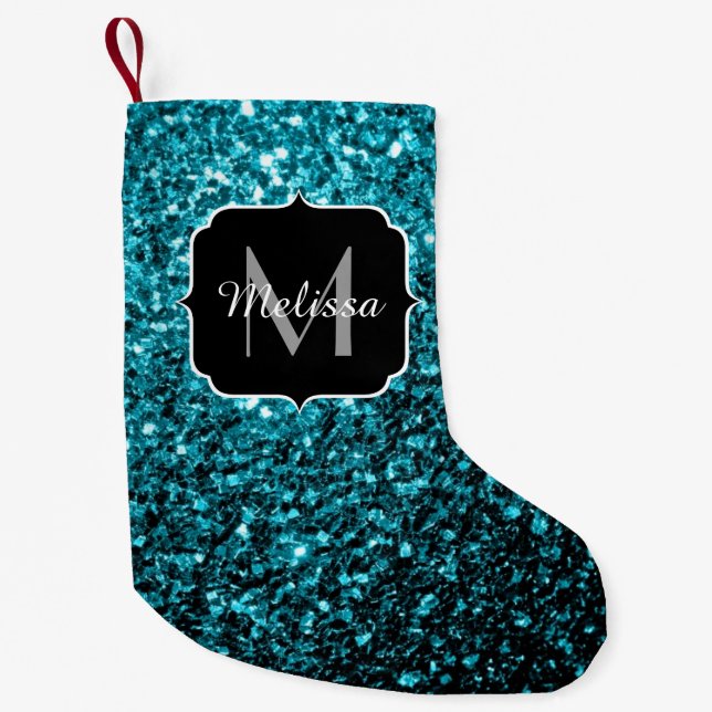 Aqua-blaue glänzende Imitate Glitzer Glitzern Mono Kleiner Weihnachtsstrumpf (Vorderseite)