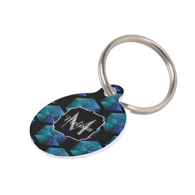 Aqua-blaue Glitzern Diamant-geometrische Monogramm Haustiermarke (Seite)