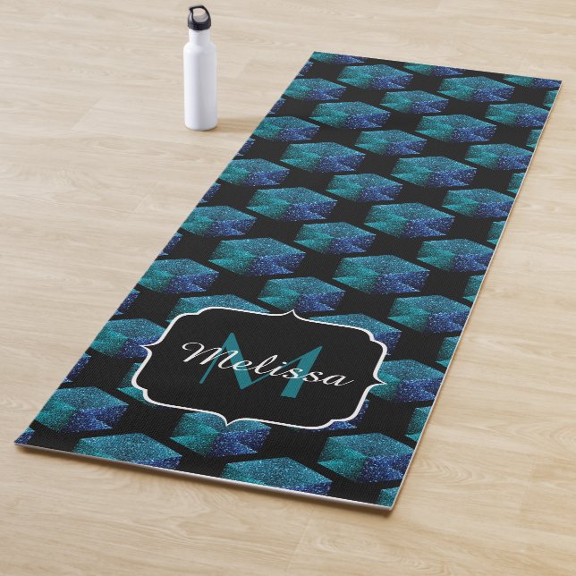 Aqua-blaue Glitzern Diamant-geometrische Monogramm Yogamatte (Beispiel)