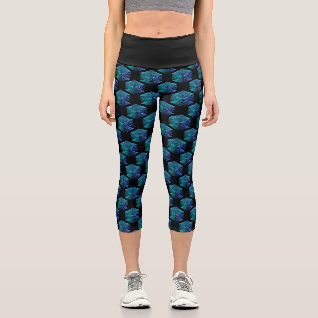 Aqua-blaue Glitzern rautengeometrisch schwarz Capri Leggings (Vorderseite)