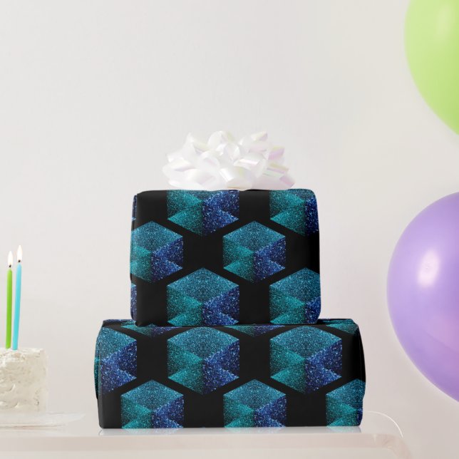 Aqua-blaue Glitzern rautengeometrisch schwarz Geschenkpapier (Partygeschenke)