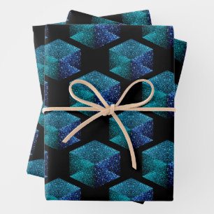Aqua-blaue Glitzern rautengeometrisch schwarz Geschenkpapier Set
