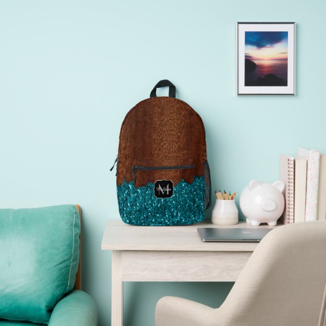 Aqua-blaue Glitzern, rustikal-braunes Holz Monogra Bedruckter Rucksack (InSitu)