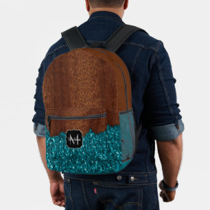 Aqua-blaue Glitzern, rustikal-braunes Holz Monogra Bedruckter Rucksack