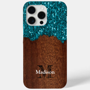 Aqua-blaue Glitzern, rustikal-braunes Holz Monogra Case-Mate iPhone Hülle