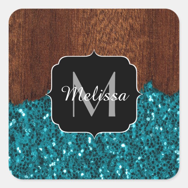 Aqua-blaue Glitzern, rustikal-braunes Holz Monogra Quadratischer Aufkleber (Vorderseite)